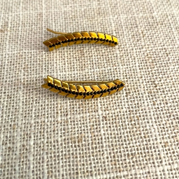 Stella & Dot Gold and Black Pave Feather Dangle earrings - Picture 1 of 3